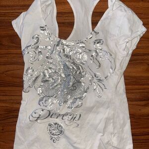 Vintage Dereon White Short Sleeve Tee with Silver foil studded Accents